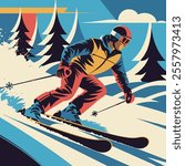 Vector Dynamic Retro Skiing Illustration in Vibrant Colors