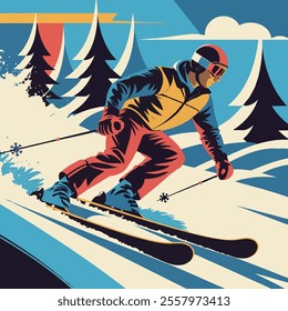 Vector Dynamic Retro Skiing Illustration in Vibrant Colors