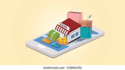 Vector of e- commerce on mobile phone via applicaion, store on online