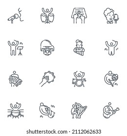 Vector e line icon set of musicians playing variable musical instruments