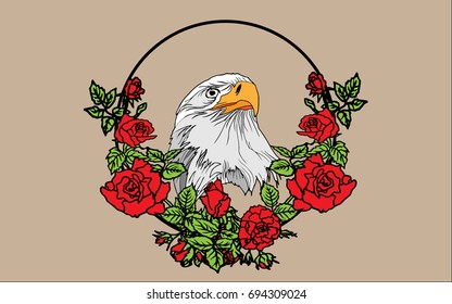 Vector eagle in a circle of red roses