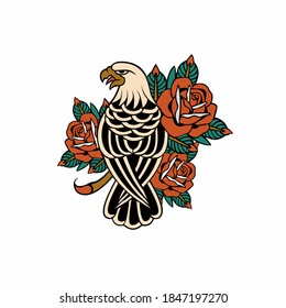 VECTOR OF THE EAGLE AND COLOR ROSE FLOWER, ILLUSTRATION OF THE EAGLE BIRDS, SUITABLE FOR THE TATTOO INDUSTRY, AND MORE