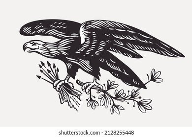 Vector eagle emblem with arrows and olives branch in the paws. Illustration of US history and 4th of July celebration in engraving style. Perfect for independence day cards, invitations, banners.