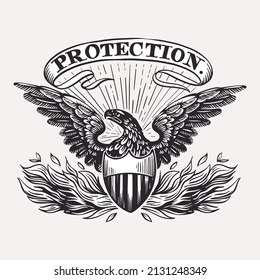 Vector eagle emblem with shield, fire, and ribbon. Illustration of US history and 4th of July celebration in engraving style. Perfect for independence day cards, invitations, banners.
