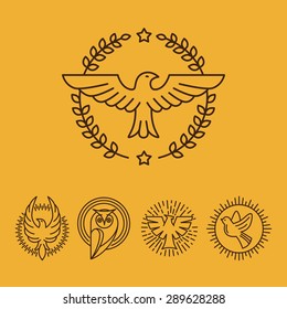 Vector eagle and falcon linear logo design templates - set of mono line icons