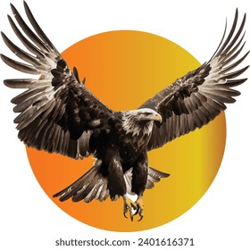 vector eagle flapping its wings with an orange gradient circle background