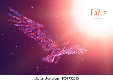 Vector Eagle in flight to the sun from abstract swirl lines. Eagle in motion, blue and red lines. Concept of freedom, power, flight. Conceptual illustration with sense of volume and motion.