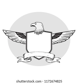 Vector Eagle Head and Wings Behind Shield with Banner Below in Black and White. Add Your Own Text.