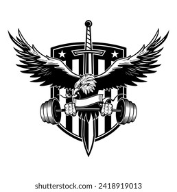 Vector eagle illustration with the sword. shield and barbell on background. Gym logo design concept.