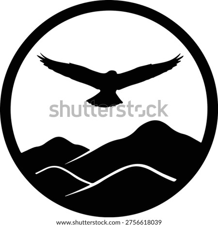 Vector Eagle soars above mountains within a circular emblem silhouette illustration