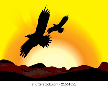 Vector of eagles over mountains with rising sun