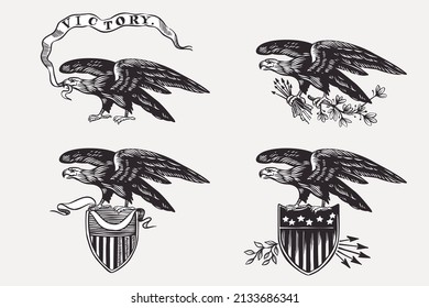 Vector eagles set with arrows, shield, ribbons, and olives branch. Illustration of US history and 4th of July celebration in engraving style. Perfect for independence day cards, invitations, banners.