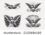 Vector eagles set with the flags, globe, arrows, shield and ribbon. Illustration of US history and 4th of July celebration in engraving style. Perfect for independence day cards, invitations, banners.