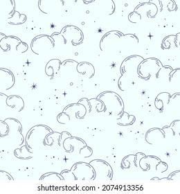 Vector eamless pattern with abstract clouds in linear and silhouette style. Chinese and Curl cloud celestial elements. Vector