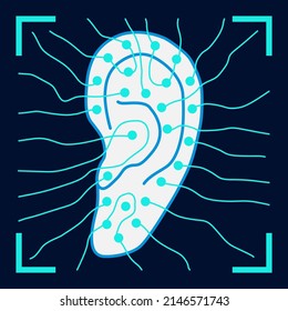 Vector Ear Scan Flat Icon Isolated On Dark Background. Biometric Technology Identification By Ear. Health Check Up Web Graphics