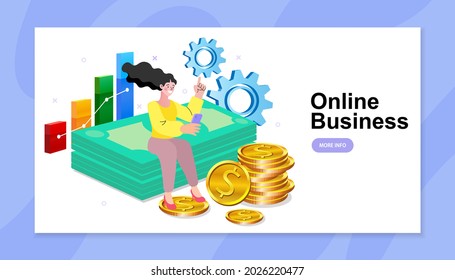 Einnahmen aus Vektorgrafiken im Internet, Online-Einkommenskonzept. Online-Geldtransfer, mobile Zahlungen. Konzept von Geld und Geschäftswachstum. Finanzielles und wirtschaftliches Wachstum. Design, Vektorgrafik. 