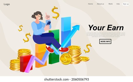 Ganancias vectoriales en Internet, ingresos en línea Concepto. Transferencia de dinero en línea, pagos móviles. Concepto de dinero y crecimiento empresarial. Crecimiento financiero y económico. ilustración vectorial de diseño. 