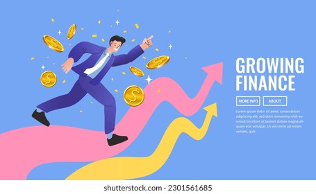 Ganancias vectoriales en Internet, ingresos en línea. Transferencia de dinero en línea, pagos móviles. Empresario caminando por la escalera. Gráfica al éxito. El negocio está creciendo. Concepto de impulso empresarial.