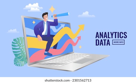 Vector earnings on the Internet, online income. Online money transfer, mobile payments. Businessman walking on stair. Graph to success. Business growing. Business boost concept.