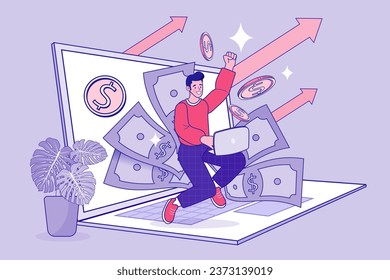 Vector earnings on the Internet, online income Concept. Online money transfer, Graph to success. Business growing. Man goes up step by step. Graph to success. Vector illustration flat design.