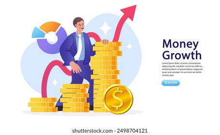 Vector de ingresos en Internet, ingresos en línea Concepto. Transferencia de dinero en línea, pagos móviles. Desarrollo empresarial. Flecha que muestra la estadística. Hombre de negocios caminando escalera de éxito o pasos.