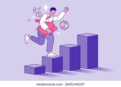 Vector earnings on the Internet, online income Concept. Online money transfer, mobile payments. Business development. Arrow that shows statistic. Businessman walking success ladder or steps.