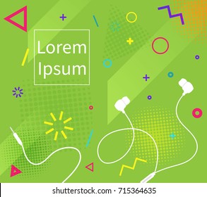 Vector earphones with connector and switch controller. Isolated object on colorful memphis style pattern background with copyspace. Suitable for advertisement, flyer etc.