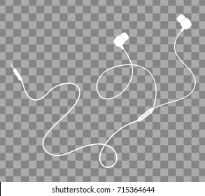 Vector earphones with connector and switch controller. Isolated object on transparent background. Flat lay design