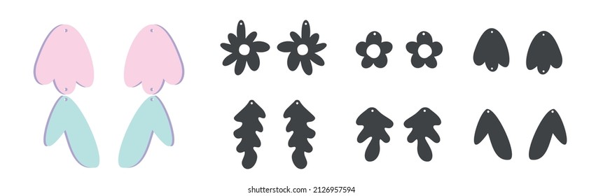 Vector Earrings Templates big set of Boho hand drawn Flowers. Modern trendy vector illustration. Laser cut, wooden earrings. Metal cut. Isolated on white background