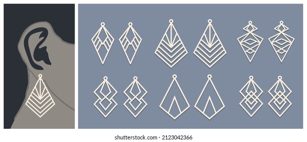 Vector Earrings templates set of geometric shapes. Modern trendy vector illustration. Laser cut, wooden earrings. metal cut. natural, celestial.