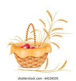 Vector. Ears of wheat and apple in the basket.