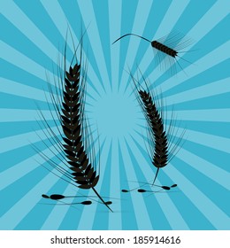 Vector Ears of Wheat Black Silhouette on Retro Blue Background