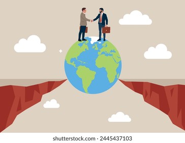 Vector of a earth bridging the gap between a businesspeople. Assisting business people to overcome difficulties. Flat vector  illustration