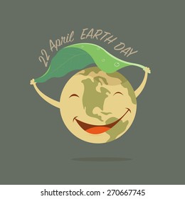 Vector Earth Day concept, World hold big leave, Cartoon style