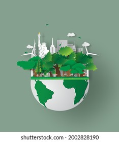 Vector Earth Day. Eco friendly concept idea. Earth day World environment day background. Save the planet. Happy Earth Day Poster or Banner USA city Background. Green city on sustainable development.