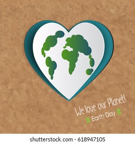Vector Earth Day. Eco friendly ecology concept. World environment day background. Origami illustration. Cutout  heart planet on old paper texture.Ecological idea. Healthy life idea. 