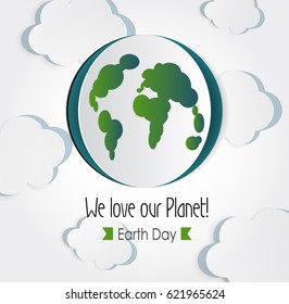 Vector Earth Day. Eco friendly ecology concept. World environment day background. Realistic 3d origami illustration. Cutout  paper planet with map and clouds.Ecological idea. Healthy lifestyle