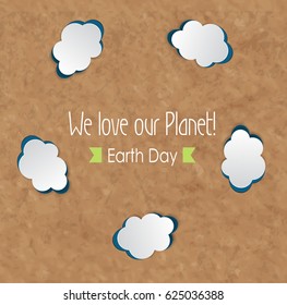Vector Earth Day. Eco friendly ecology concept. World environment day background. Origami illustration. Cutout clouds on old paper texture.Ecological idea. Healthy and fresh air idea