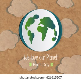 Vector Earth Day. Eco friendly ecology concept. World environment day background. Origami illustration. Cutout globe on old paper texture.Ecological idea. Healthy life and care of the planet