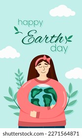 Vector Earth day greeting card template vertical banner. Woman hold Earth planet on blue background. Poster, flyer for event. Environment, recycle, ecological concept