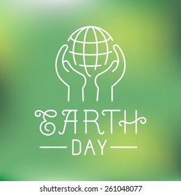 Vector earth day logo in linear style - ecology concept - hands protecting planet