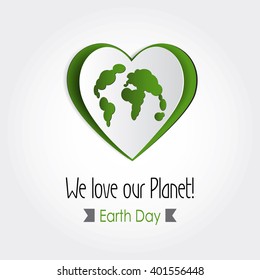 Vector Earth day poster design. Love to Earth concept. Map illustration. Protect world idea.Template for banner, advertisement cover. Green Ecology cutout sticker. Realistic Paper card