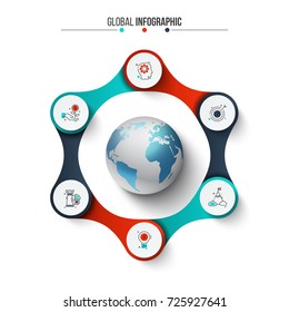 Vector earth global infographic. Template for cycle diagram, graph, presentation and round chart. Business concept with 6 options, parts, steps or processes. Data visualization.