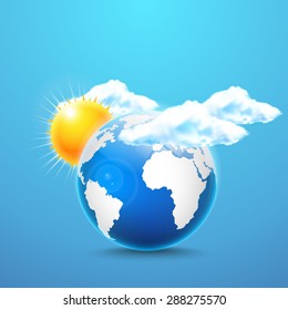 Vector Earth globe, clouds and sun.