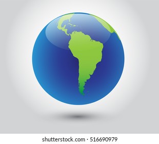 Vector earth globe icon.World globe with map of South America.