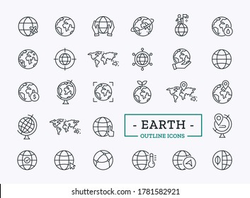 Vector Earth or Globe thin line icons. Concept of global network connection and ecology