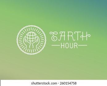 Vector earth hour logo design in linear style - protect the planet - ecology concept