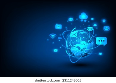 Vector earth with icon. Communication and social media concept. Technology connecting abstract background.