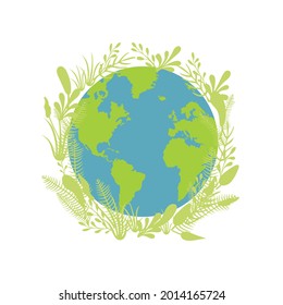 Vector Earth Illustration and Plants Frame, Poster Template, Save the Planet, Ecology Concept.