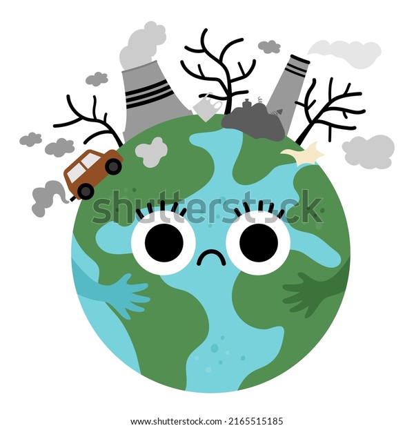 Vector earth for kids. Earth\
day illustration with sad kawaii polluted planet. Environment\
friendly icon with globe and power plant, waste on top. Ecological\
concept\
